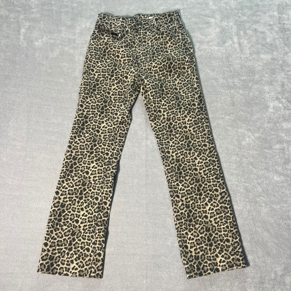 Zara Leopard Print Straight Leg Jeans High Rise Animal Spot Tan Black Size 0